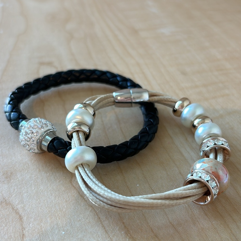 Magnetic closure bracelets, rondells, faux pearls, measure 7 1/2 in